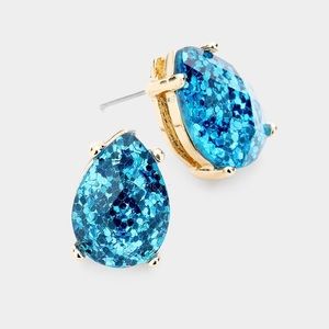 Gold Blue glitter teardrop stone stud fashion accessories earrings